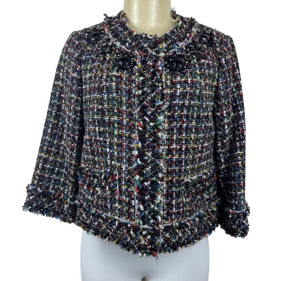 Magaschoni Women's Black Wooven Multicolor Threads  Button Up Sweater Sz 6 - Picture 1 of 10